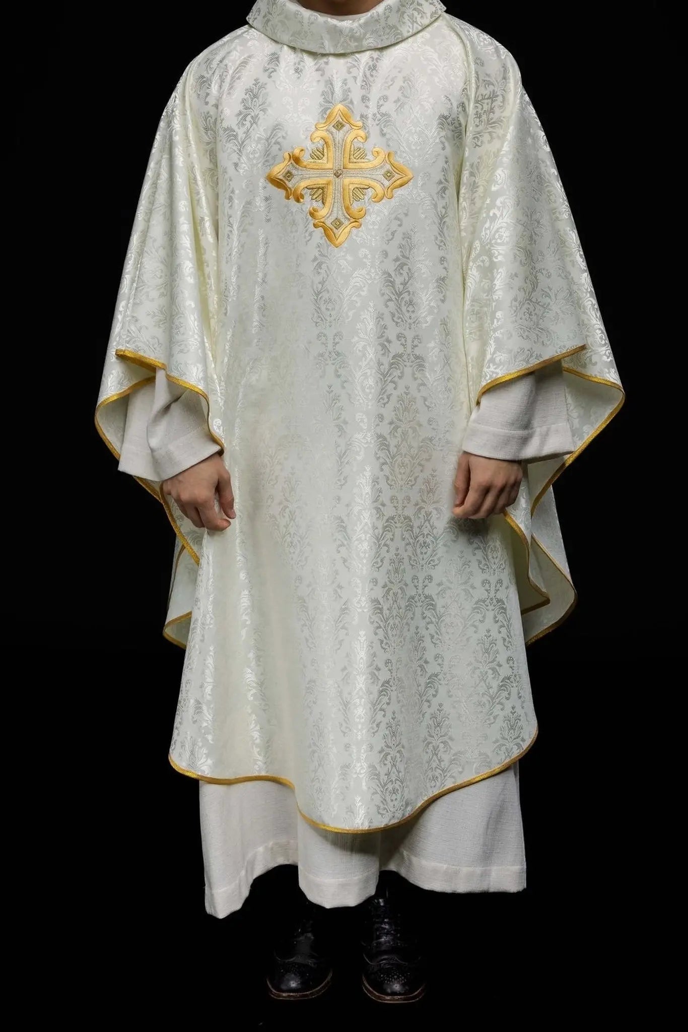 Ecru Chasuble with Cross, Made from Patterned Fabric