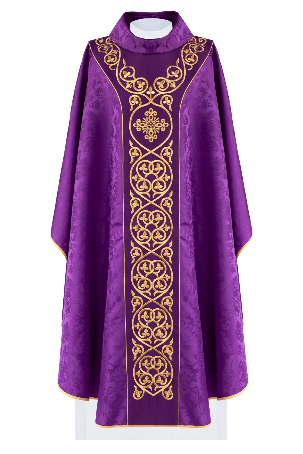 Purple liturgical chasuble decorated with embroidered velvet belt