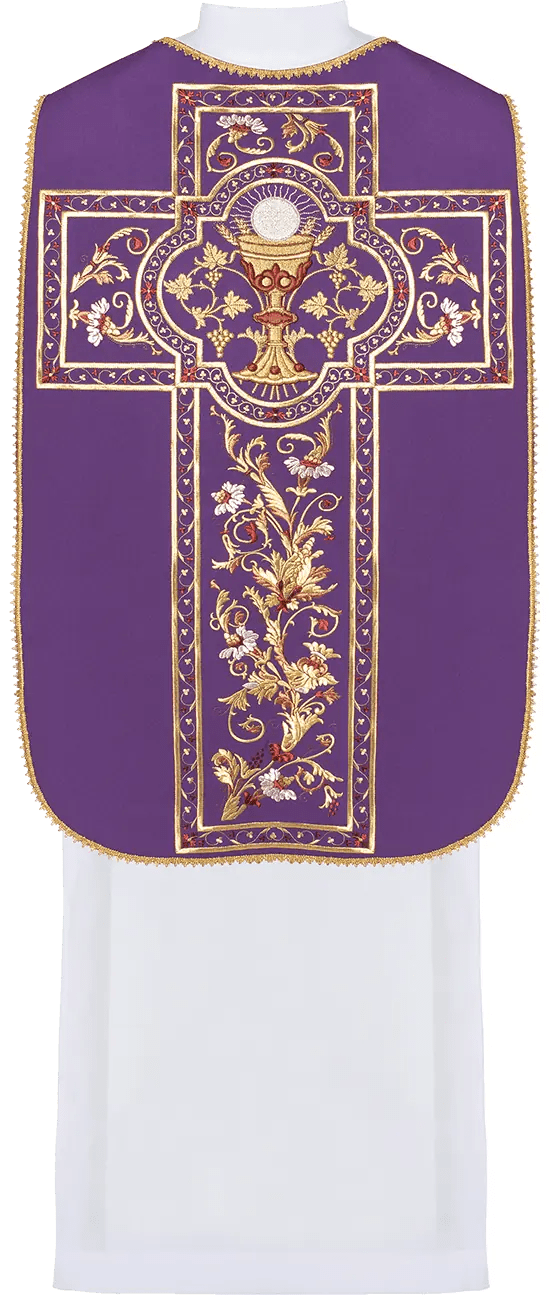 Fioletowy ornat rzymski haftowany motywem kielicha eucharystycznego