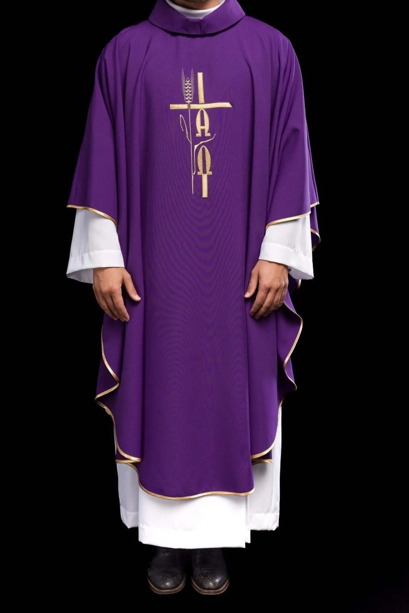 Purple chasuble with Alpha Omega embroidery