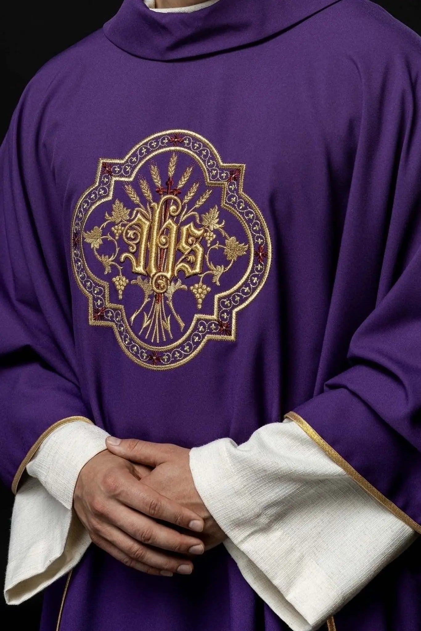 Purple chasuble with IHS and PAX embroidery