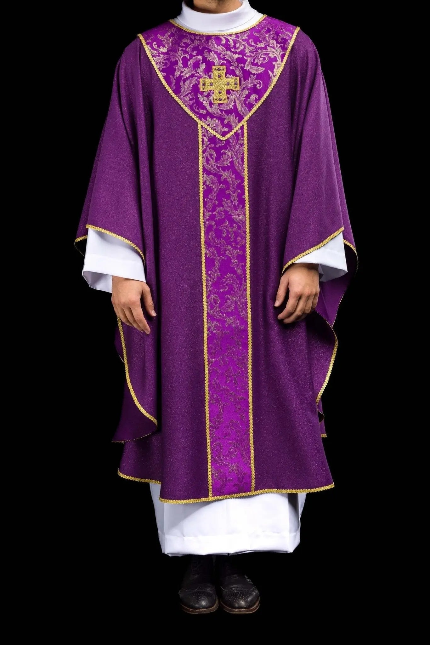 Purple chasuble with gold cross and jacquard fabric