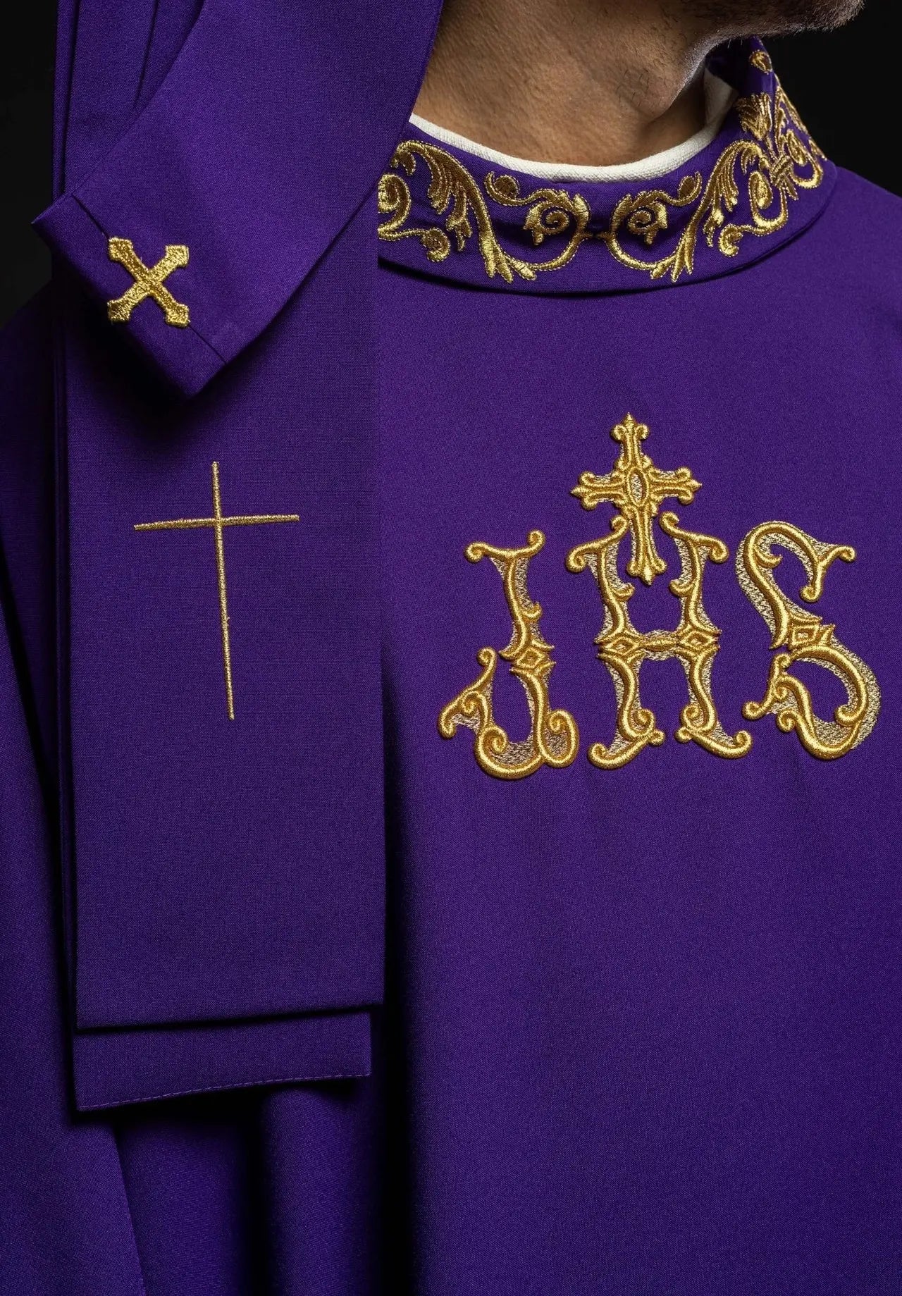 Purple chasuble with gold IHS embroidery and decorative trim