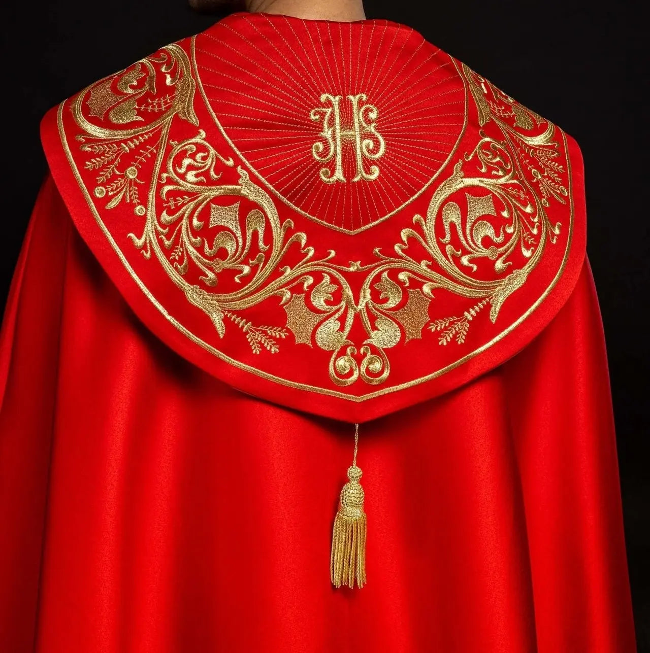 Liturgical cape richly embroidered IHS in red
