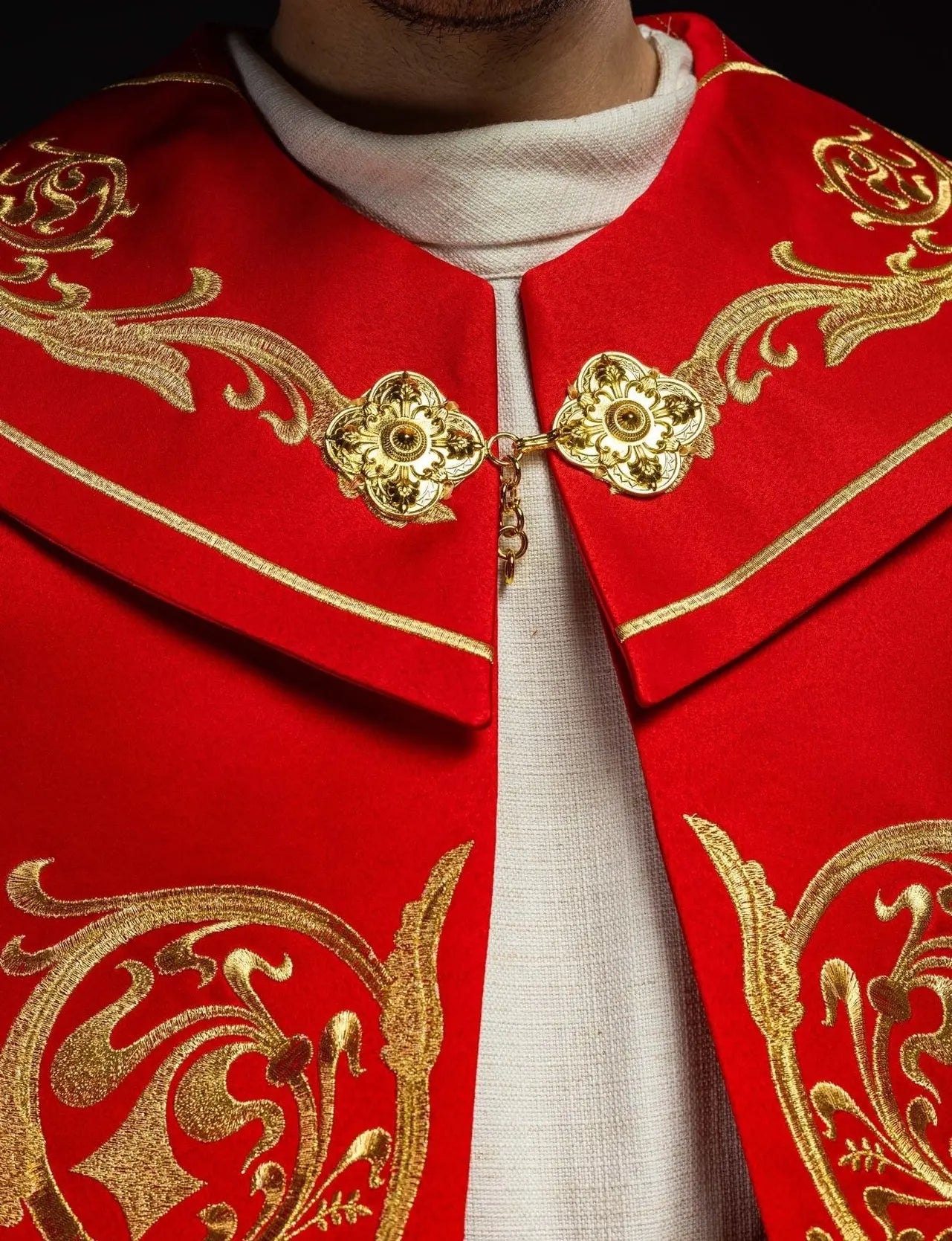 Liturgical cape richly embroidered IHS in red