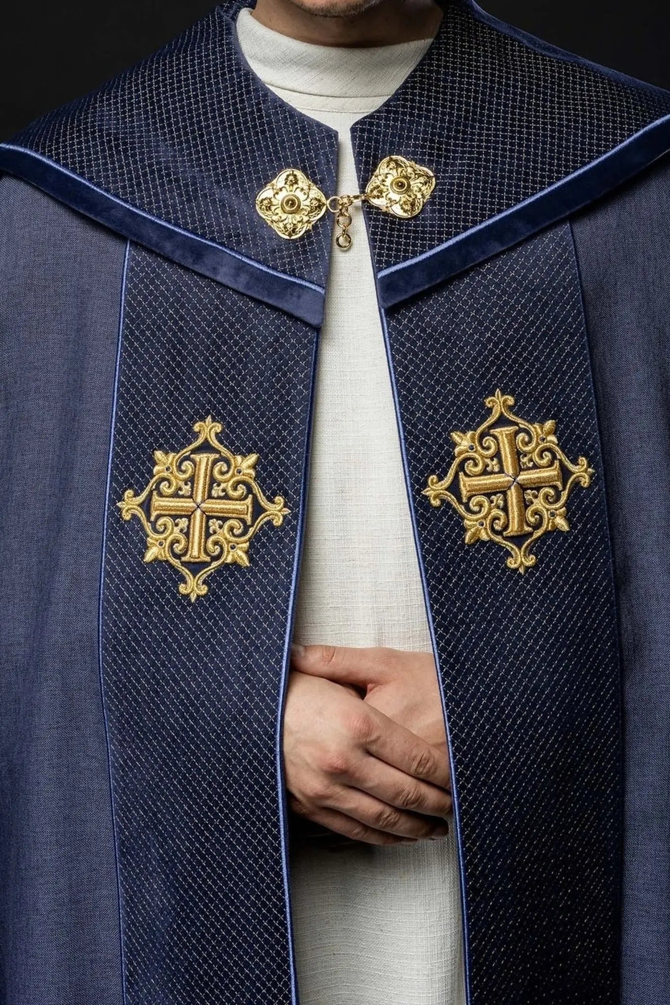 Liturgical cape with velvet purple belt and embroidery of crosses