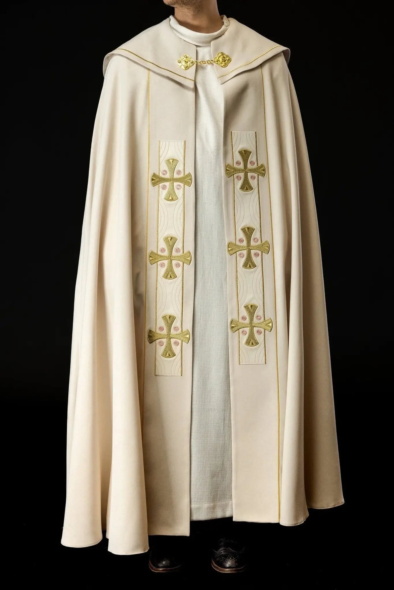 Elegant Ecru Liturgical Cope with Gold Embroidered Crosses and Velvet Collar