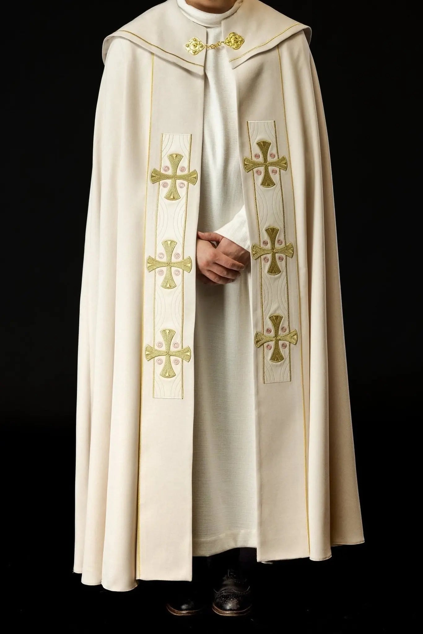 Elegant Ecru Liturgical Cope with Gold Embroidered Crosses and Velvet Collar
