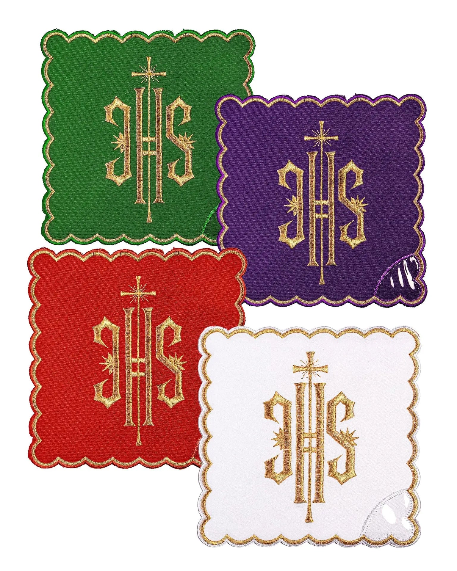 Zestaw welonów kielichowych z symbolem IHS w czterech kolorach liturgicznych
