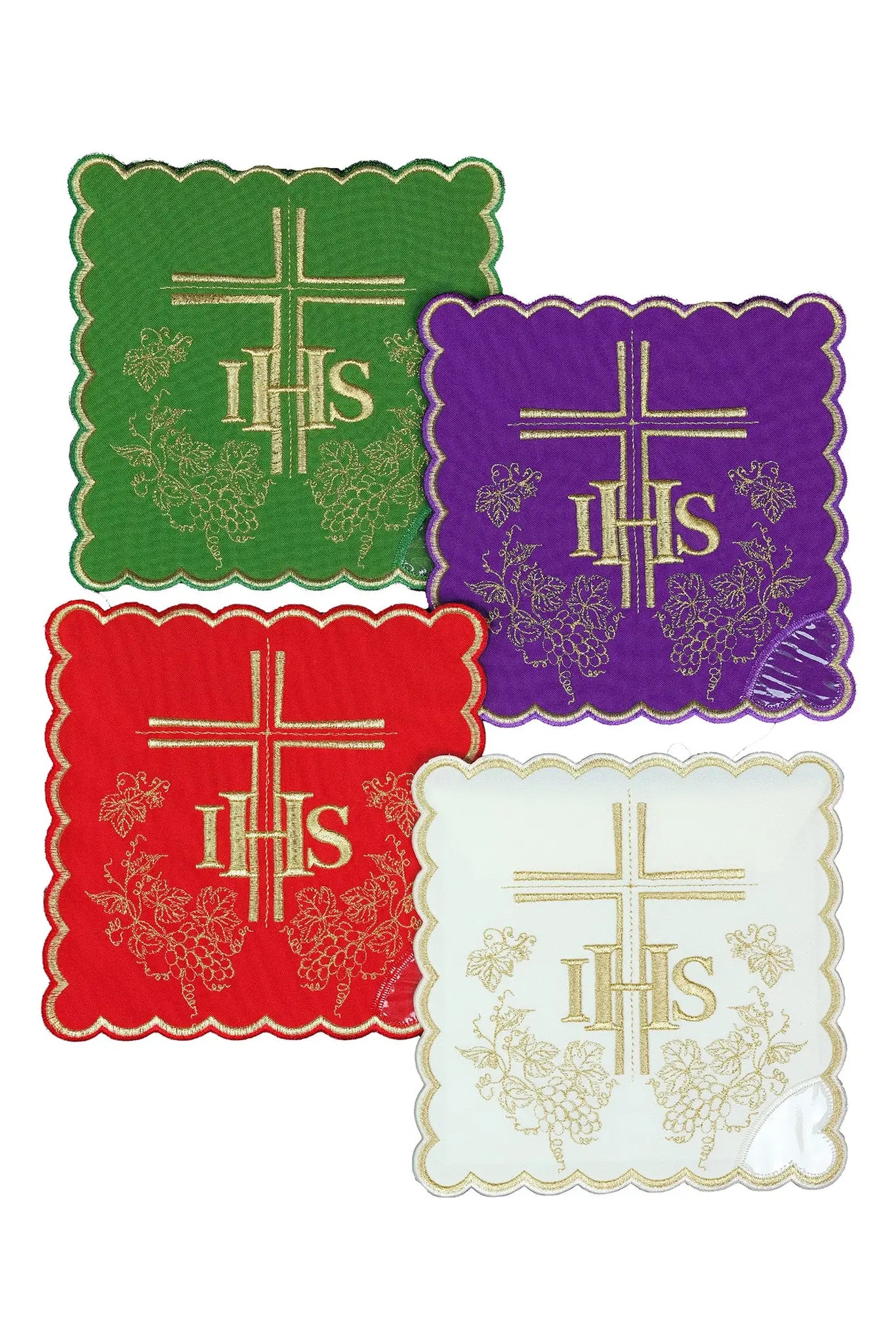Set of four liturgical palls in green, purple, red, and white, each embroidered with a gold IHS symbol, presented in an elegant gift box.