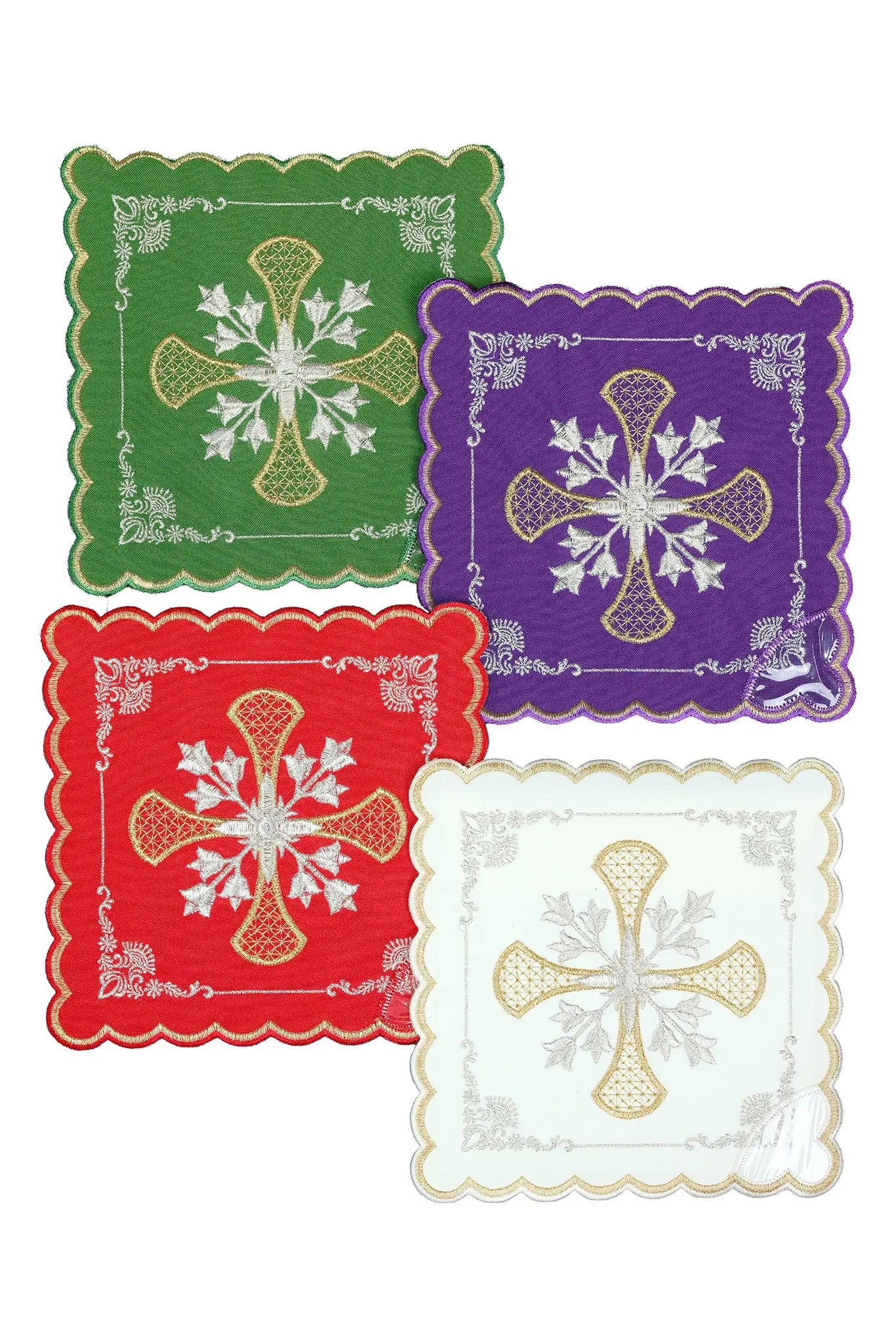 Set of four embroidered palls in green, purple, red, and white, each featuring a gold cross with silver floral accents and a scalloped edge.