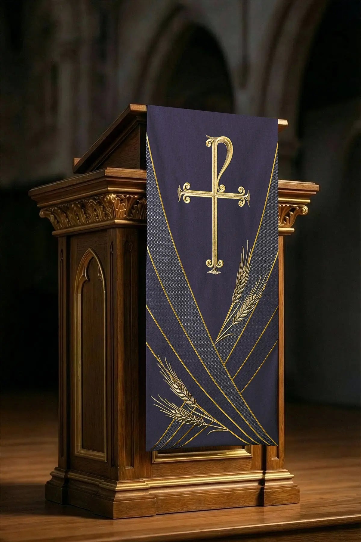 Fioletowy zawieszany pulpit z haftem krzyża i kłosa pszenicy