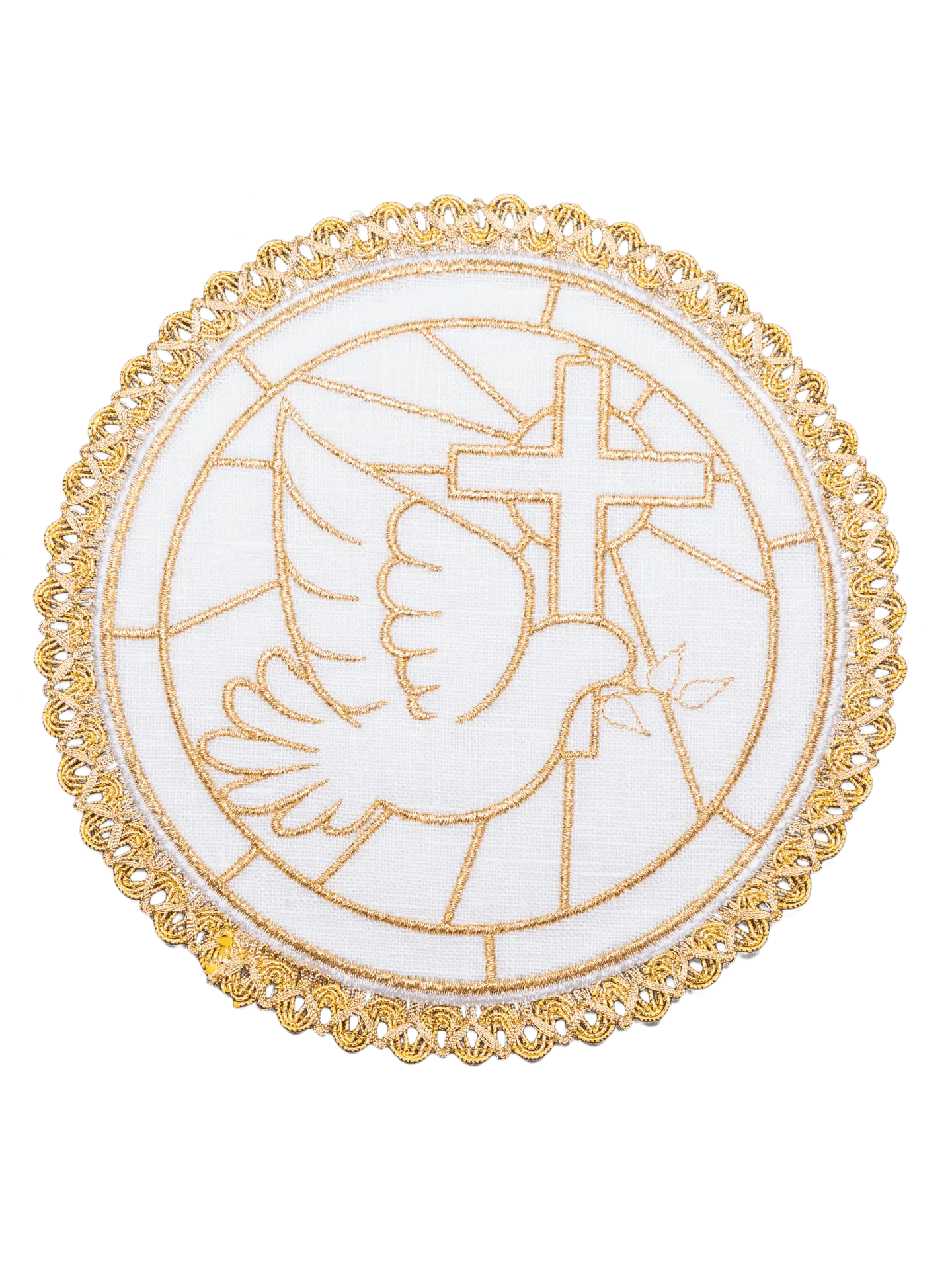 Linen cup set with dove and cross motif with rounded palle
