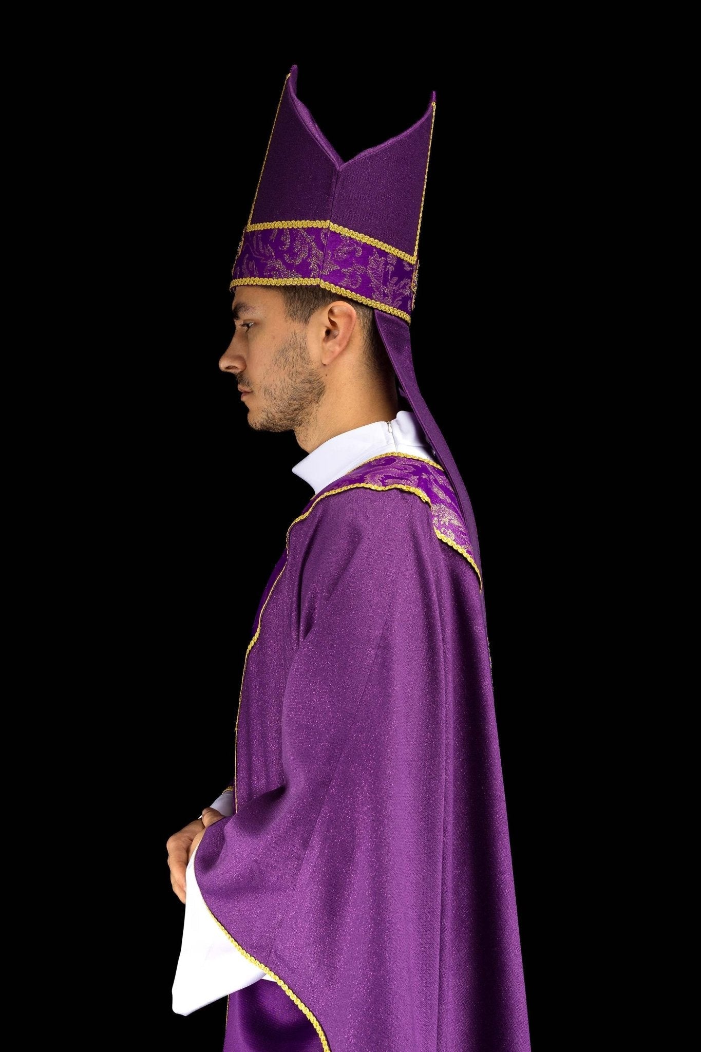 Purple mitre with embroidered cross and jacquard fabric