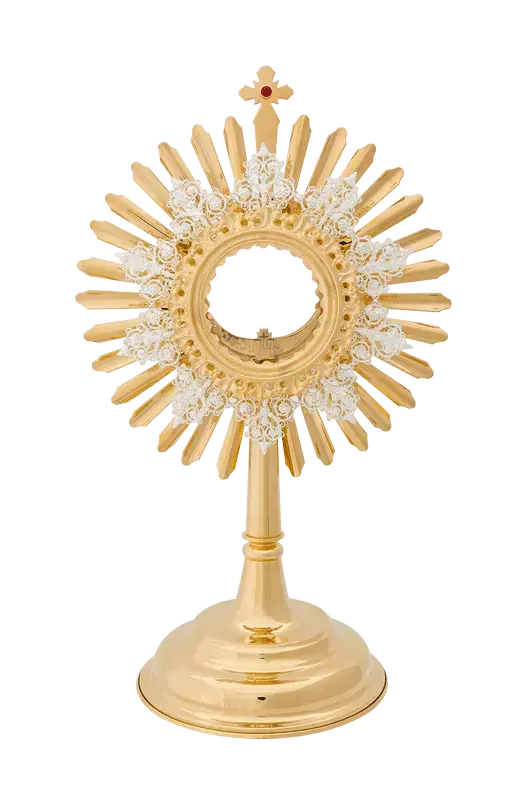 Gold-plated brass monstrance adorned with a ruby