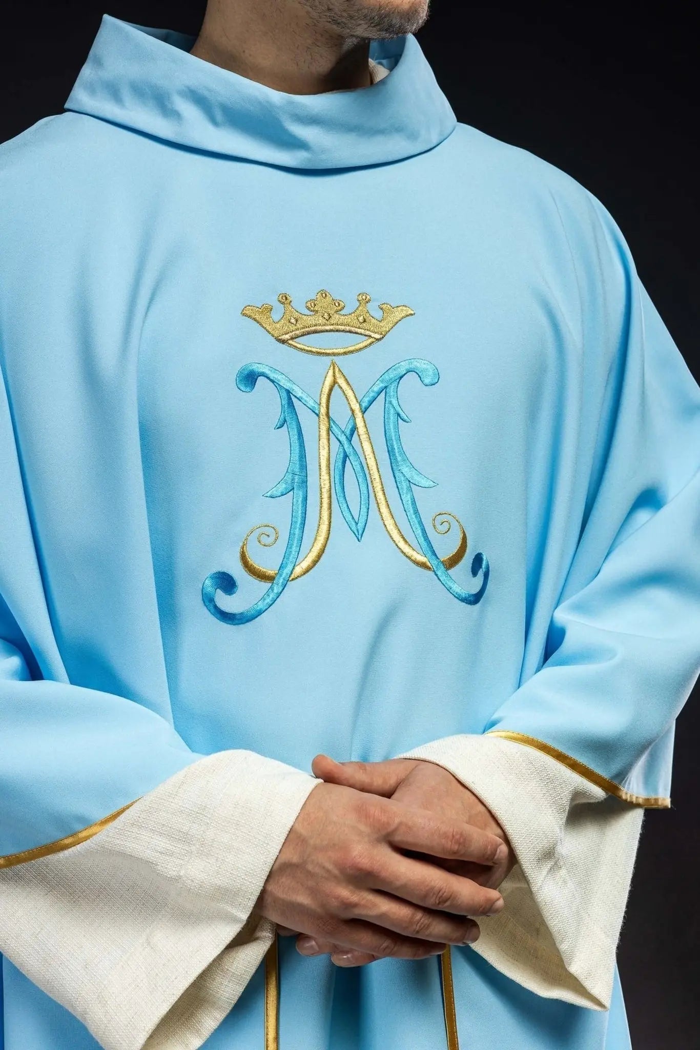Blue chasuble embroidered with Marian motif