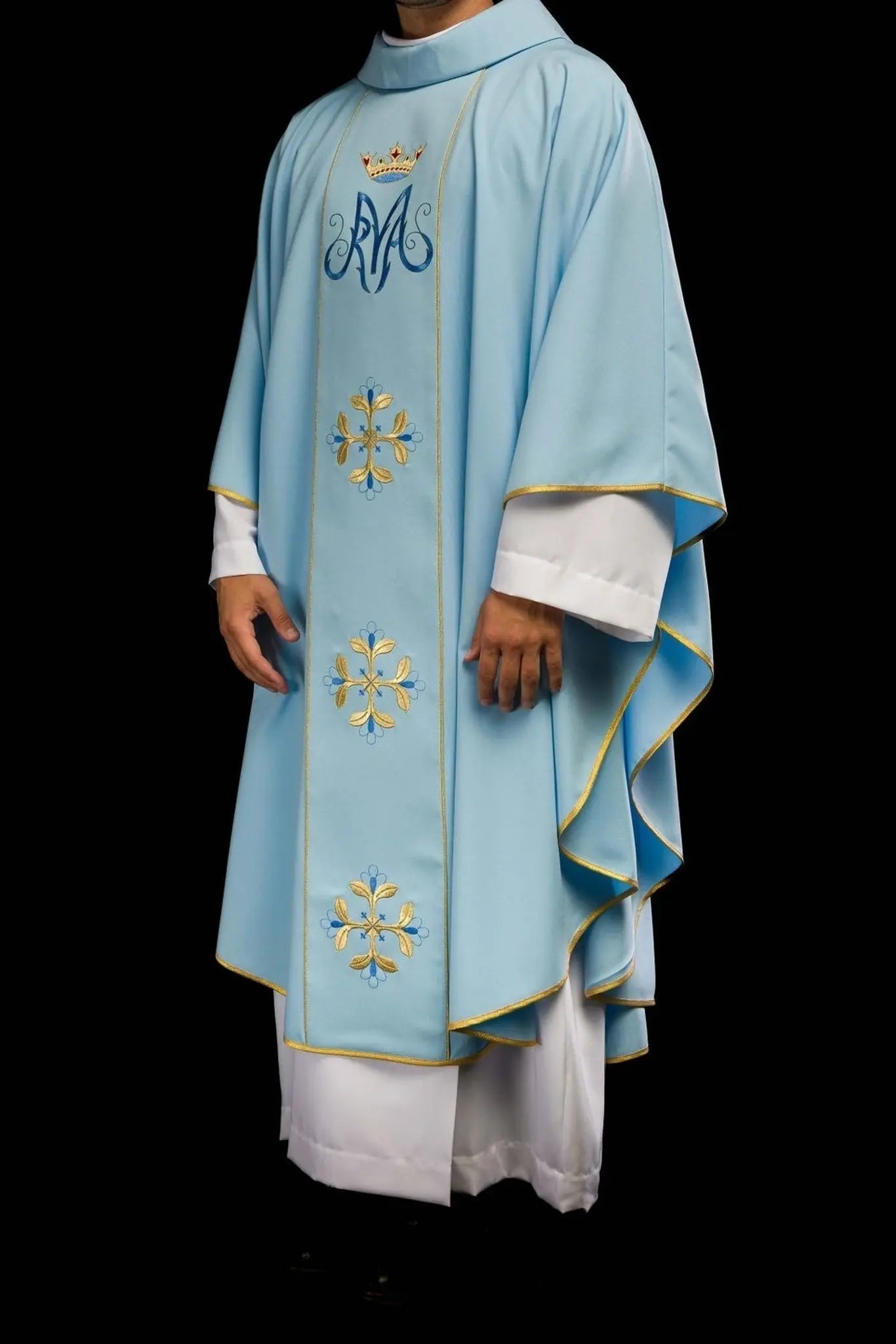 Blue Marian liturgical chasuble with belt