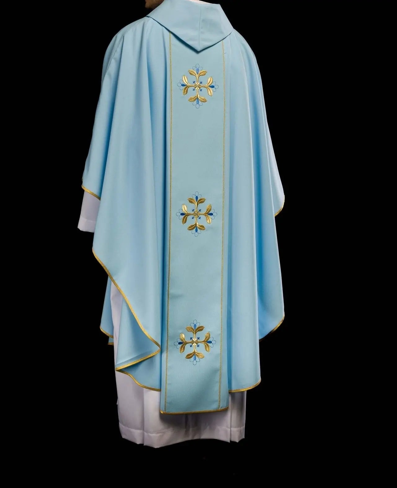 Blue Marian liturgical chasuble with belt