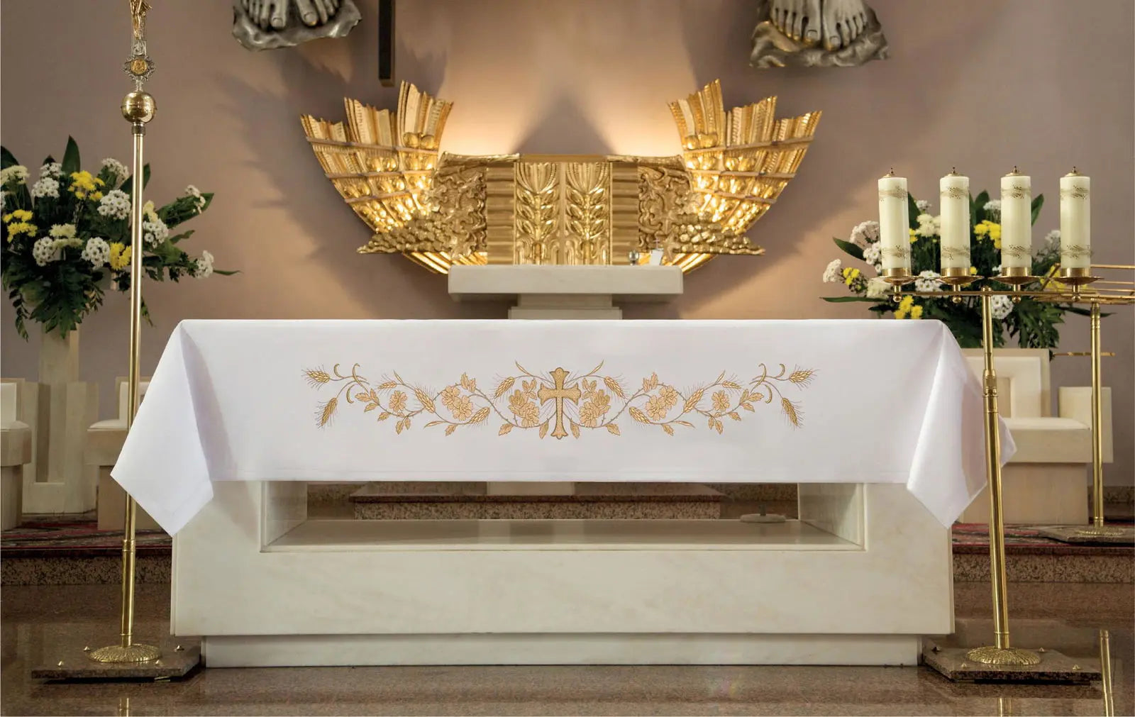 Altar tablecloth with gold front embroidery Cross and Spikes