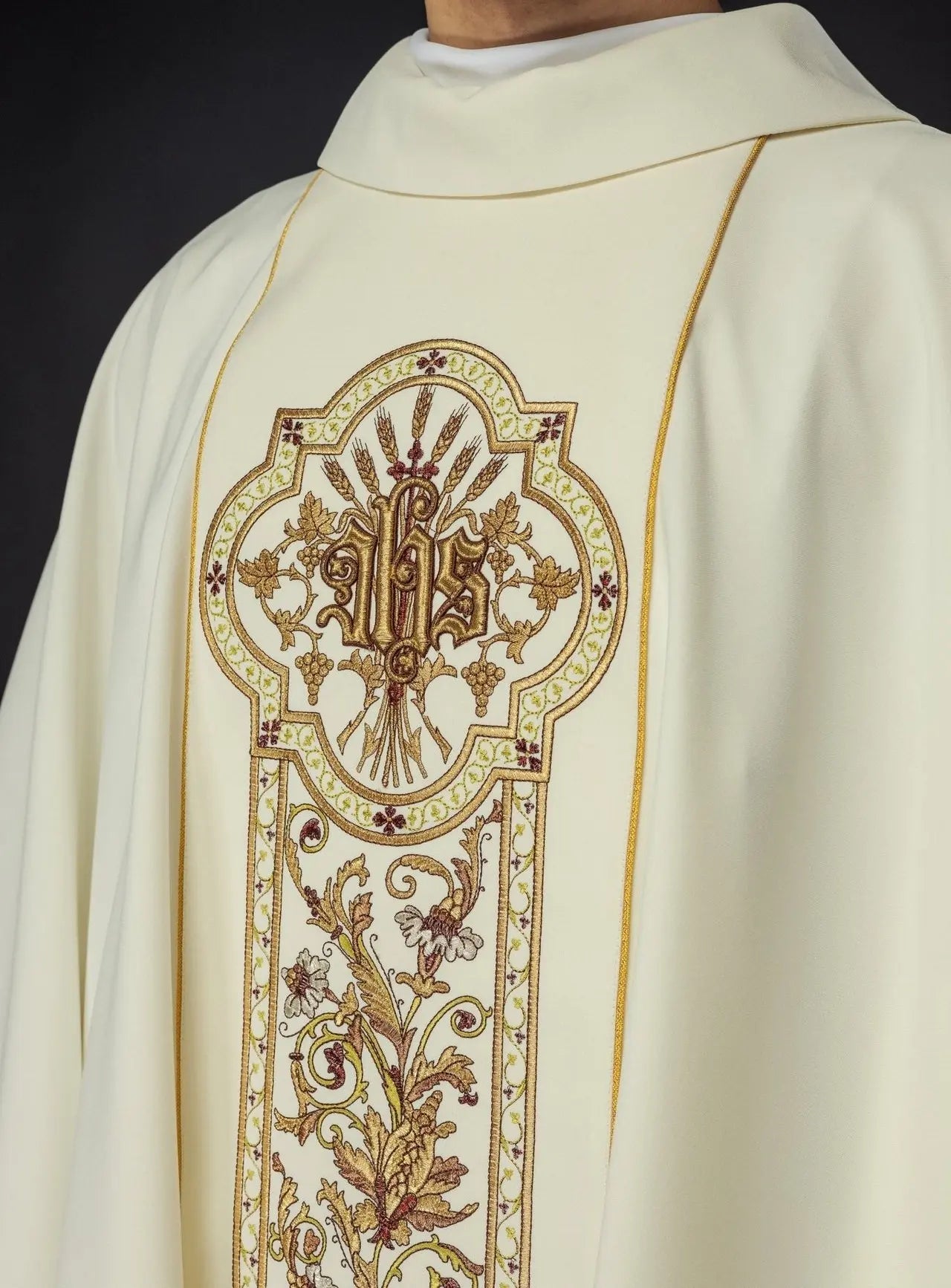 Richly decorated chasuble with IHS motif in ecru colour