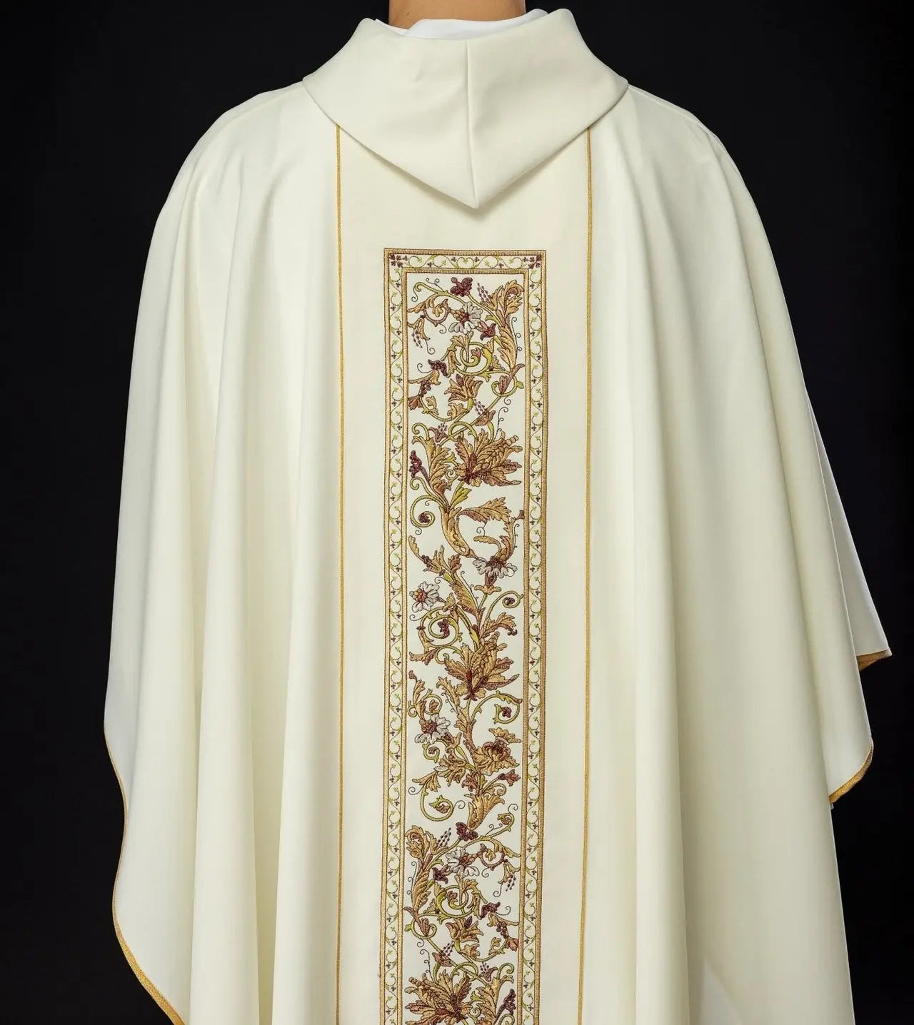 Richly decorated chasuble with IHS motif in ecru colour