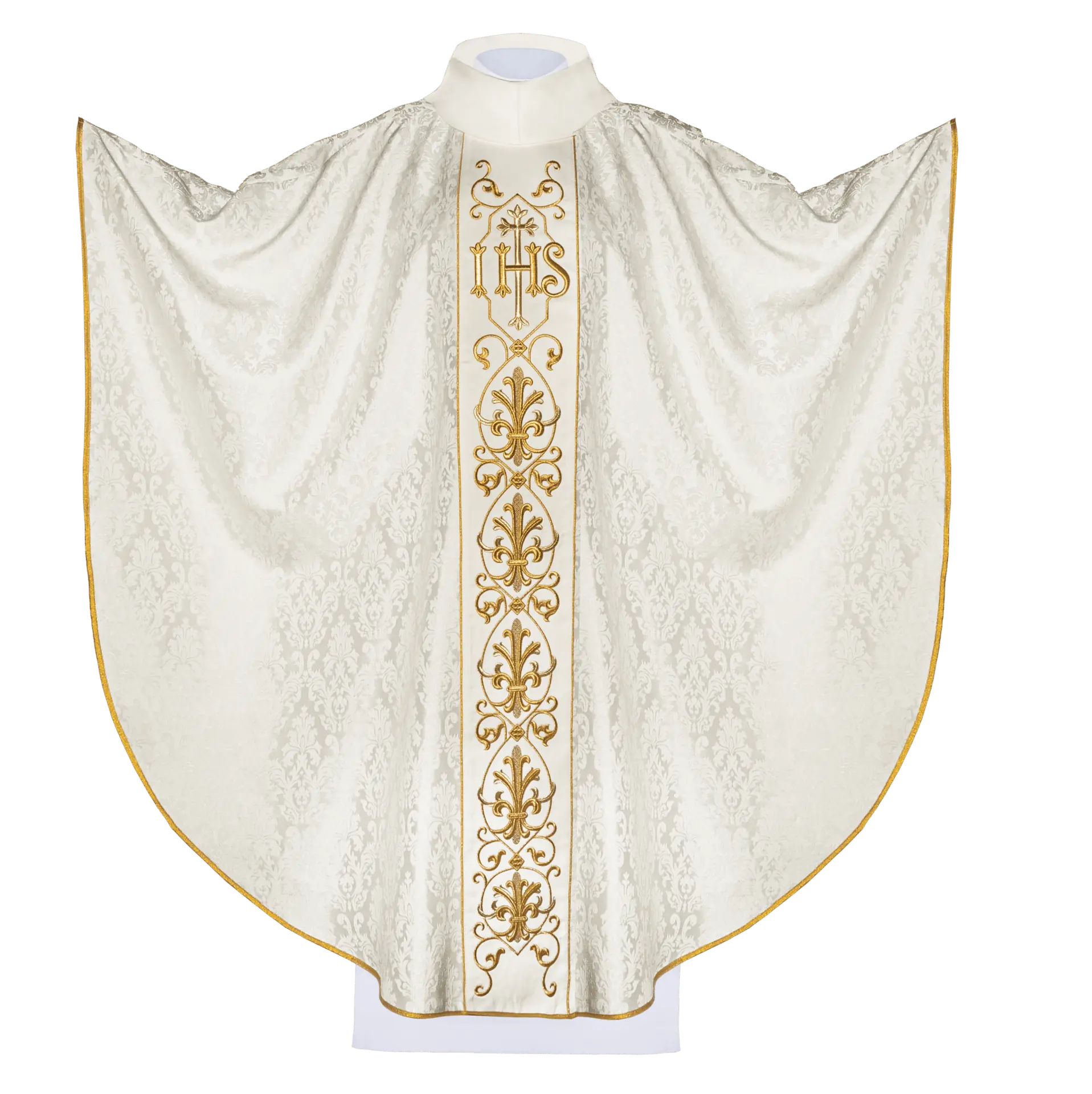 Ecru chasuble embroidered on decorative fabric with IHS symbol