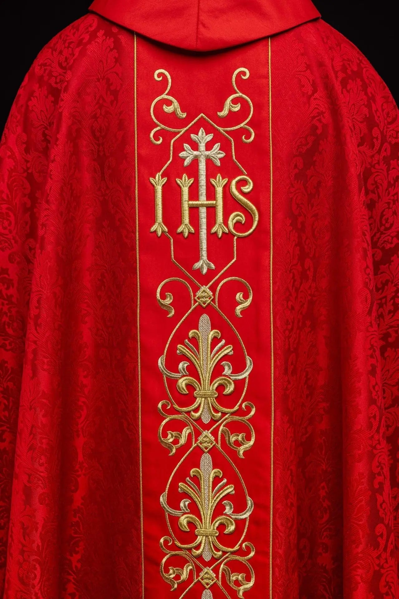 IHS Embroidered Chasuble Red with Decorated Fabric