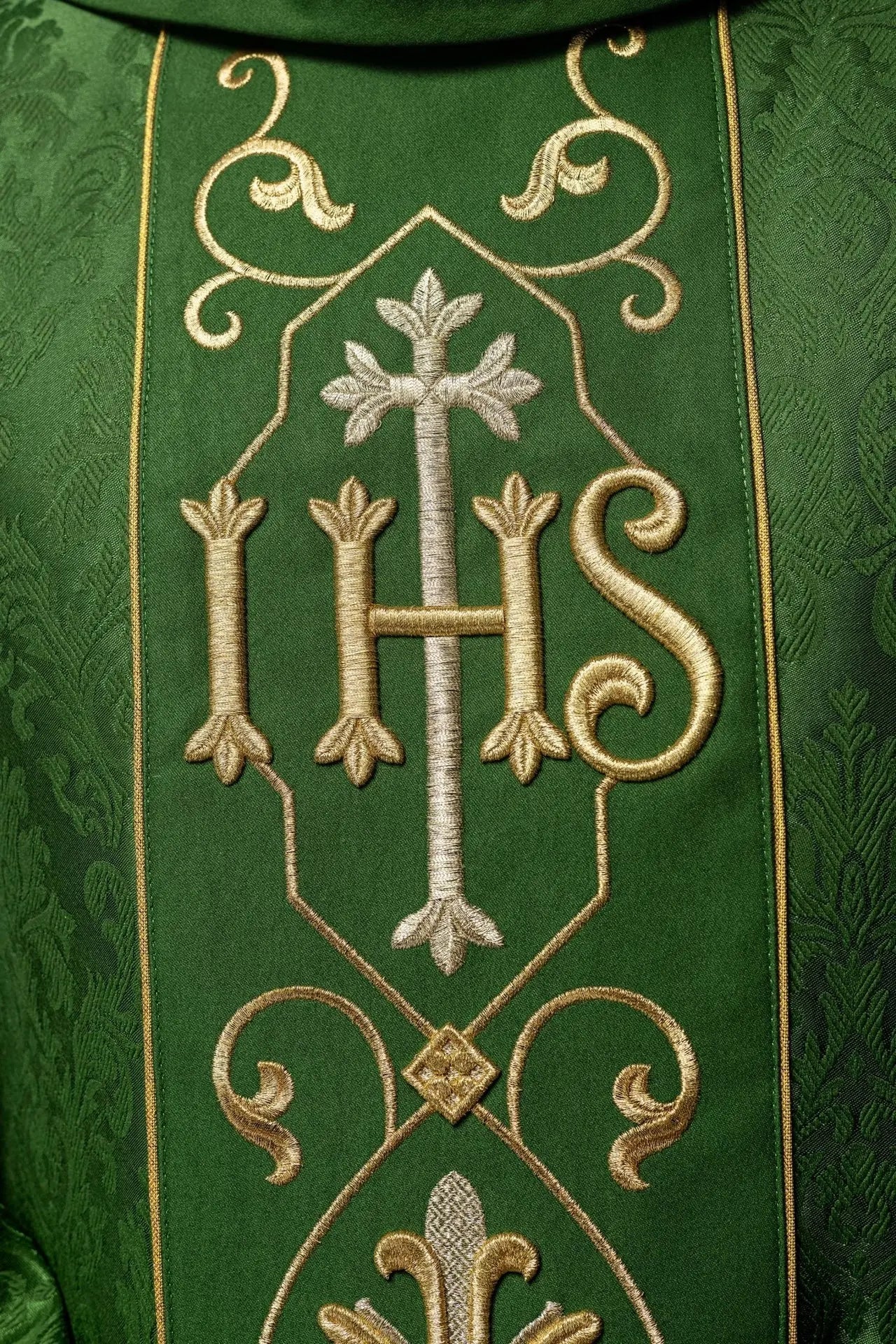 Embroidered chasuble IHS Green Decorative Fabric