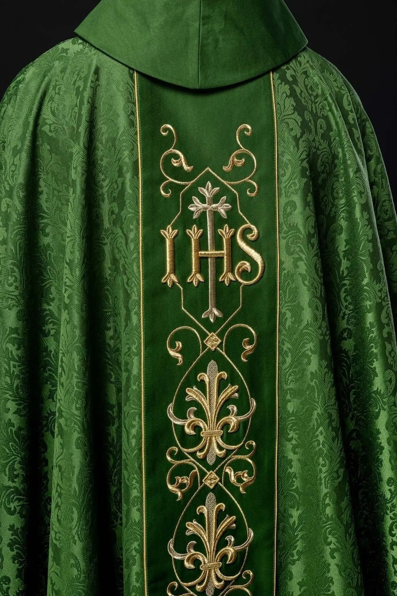 Embroidered chasuble IHS Green Decorative Fabric