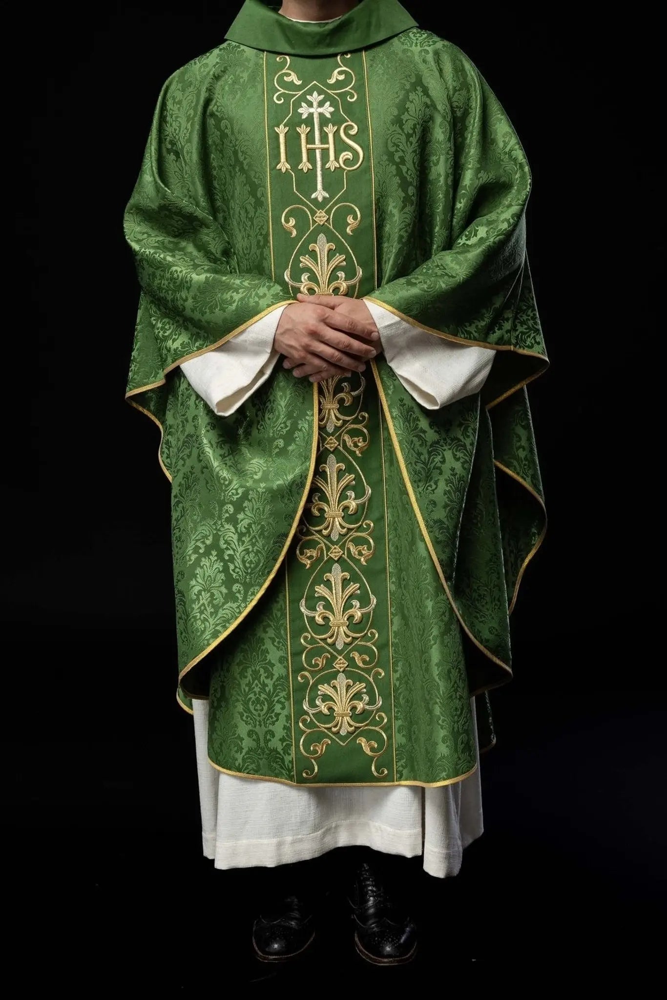 Embroidered chasuble IHS Green Decorative Fabric