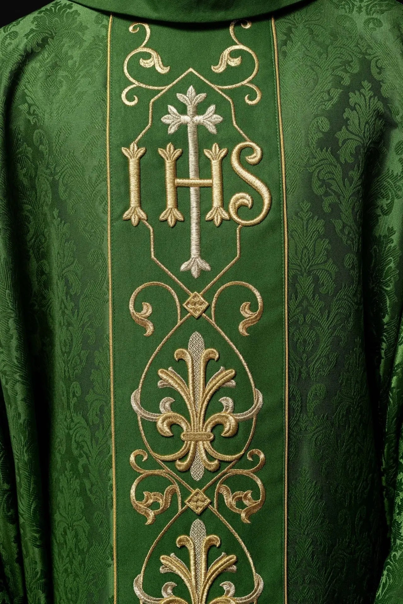 Embroidered chasuble IHS Green Decorative Fabric