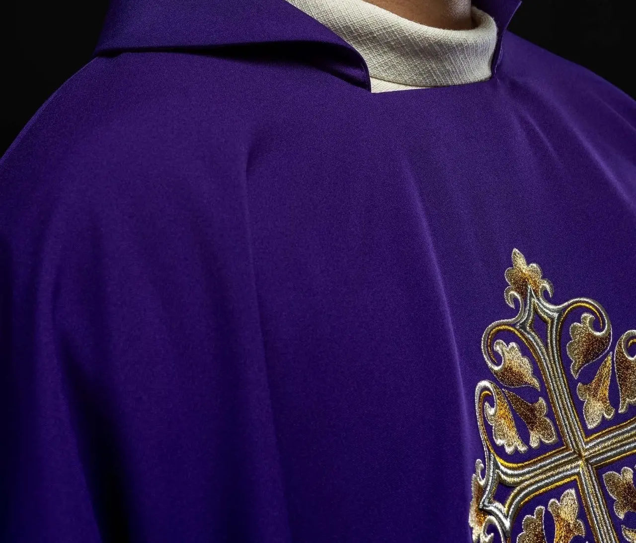 Embroidered Purple Chasuble with Decorated Cross and Wide Collar