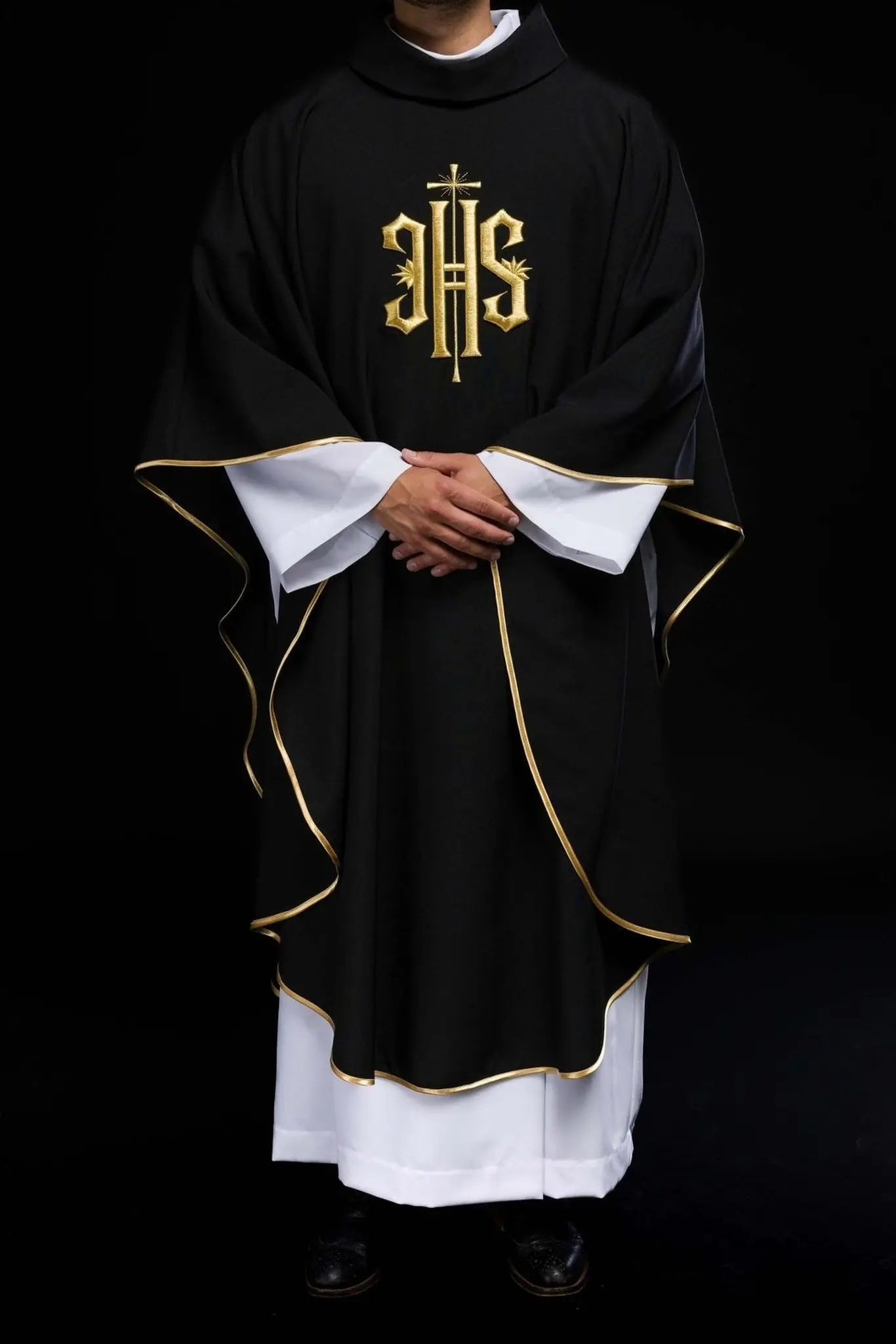 Embroidered chasuble with IHS symbol black