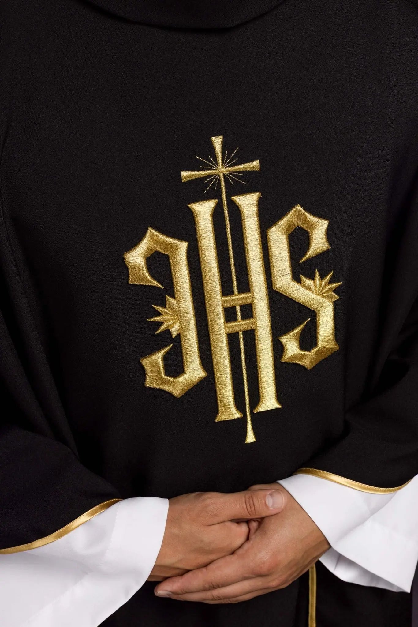 Embroidered chasuble with IHS symbol black