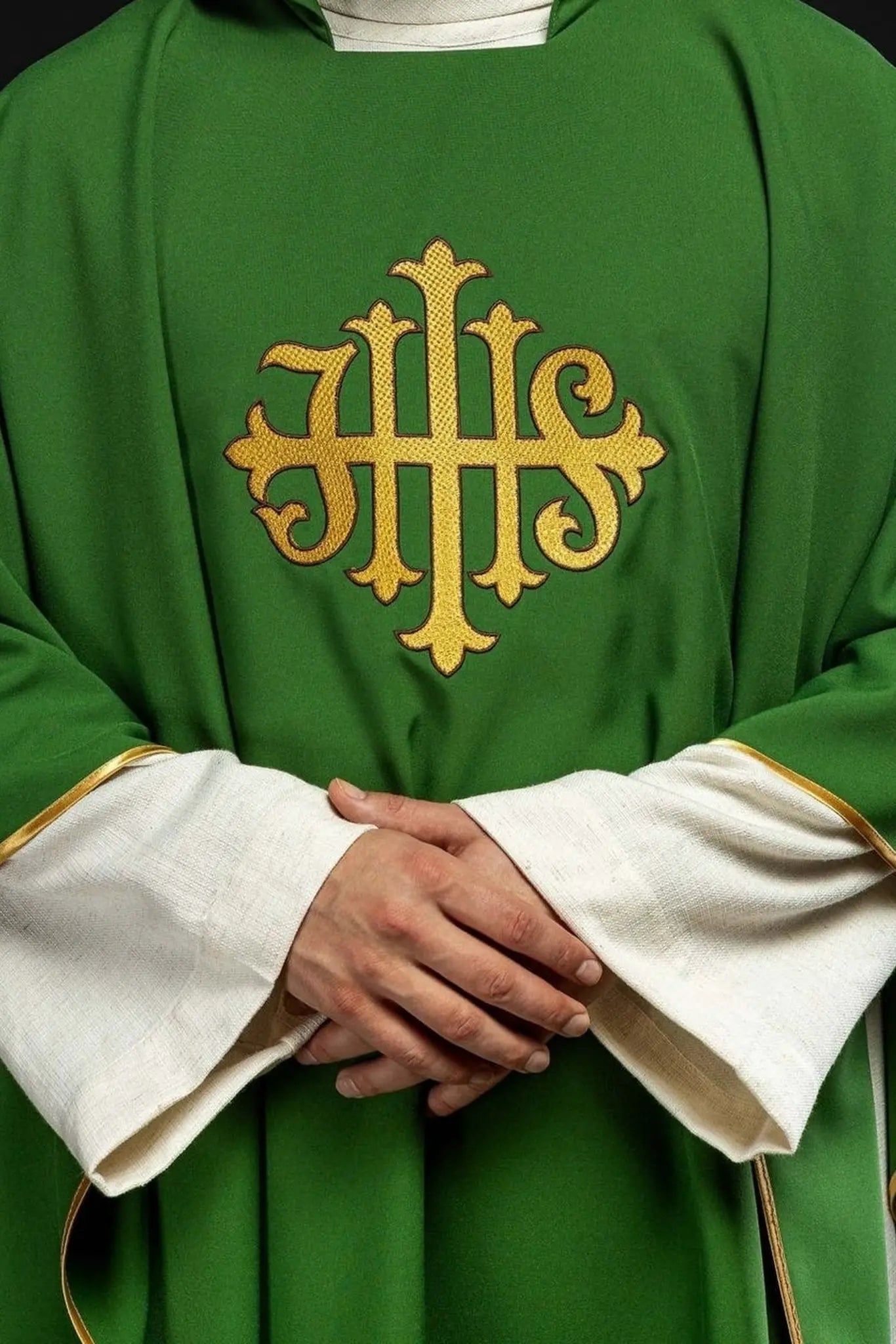 Green Embroidered Chasuble with JHS Symbol and Wide Collar