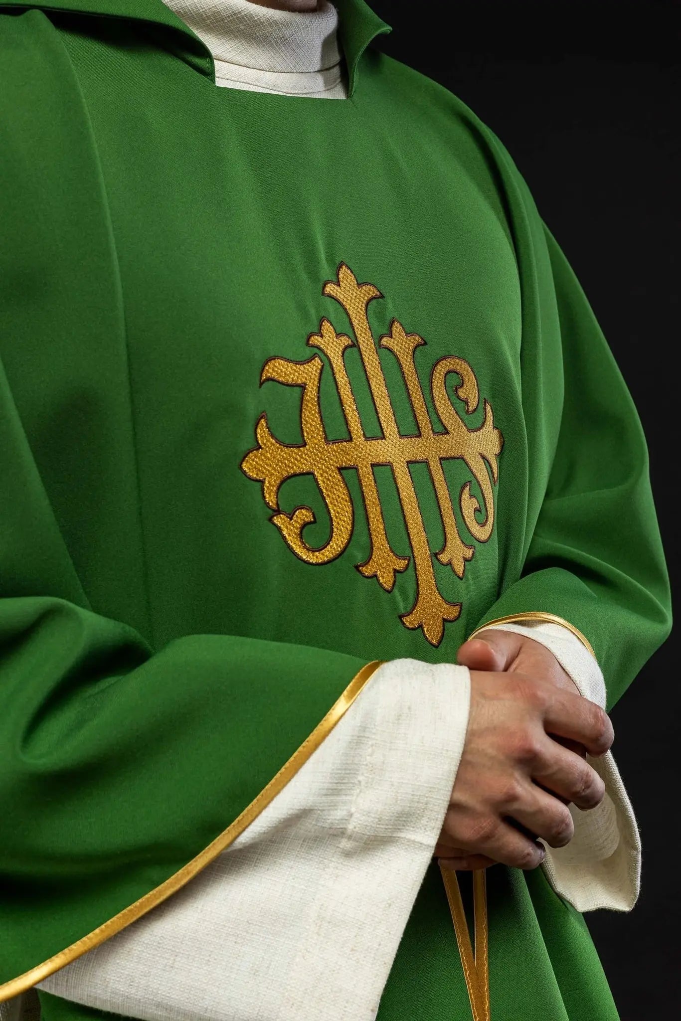 Green Embroidered Chasuble with JHS Symbol and Wide Collar