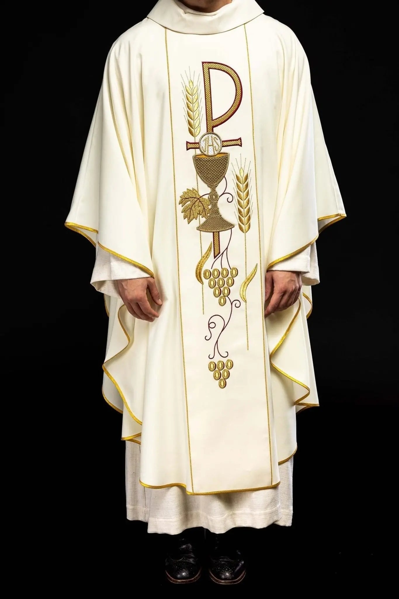 Embroidered chasuble with IHS chalice design in ecru