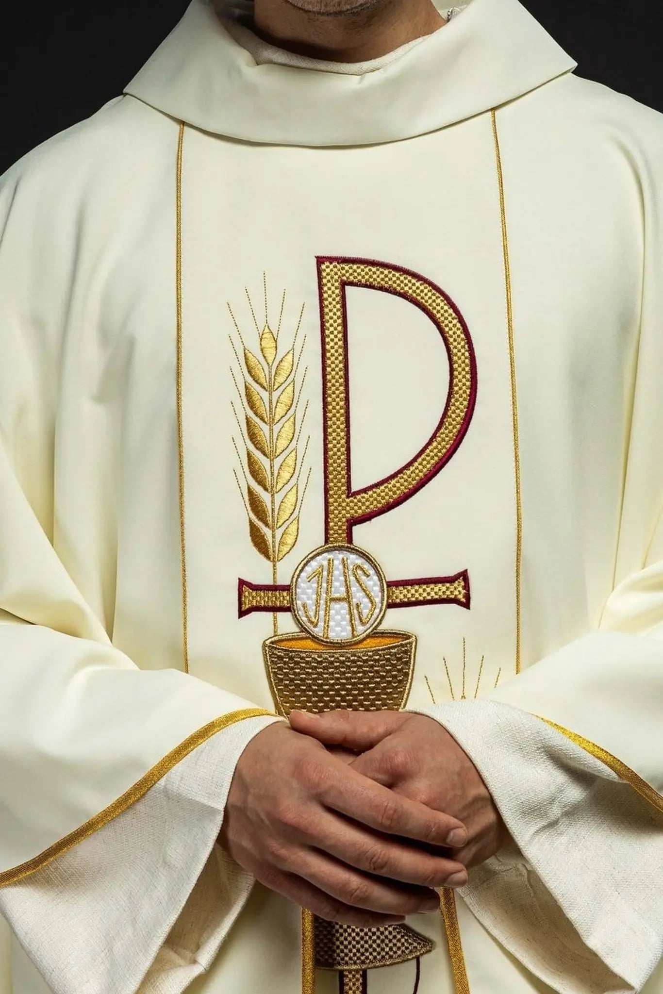Embroidered chasuble with IHS chalice design in ecru