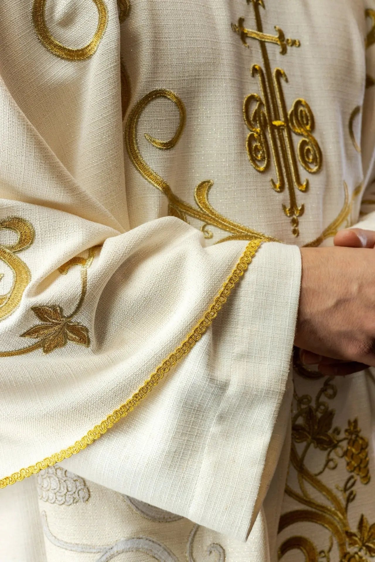 Liturgical Chasuble Embroidered with IHS and Grapevine Motifs in Ecru