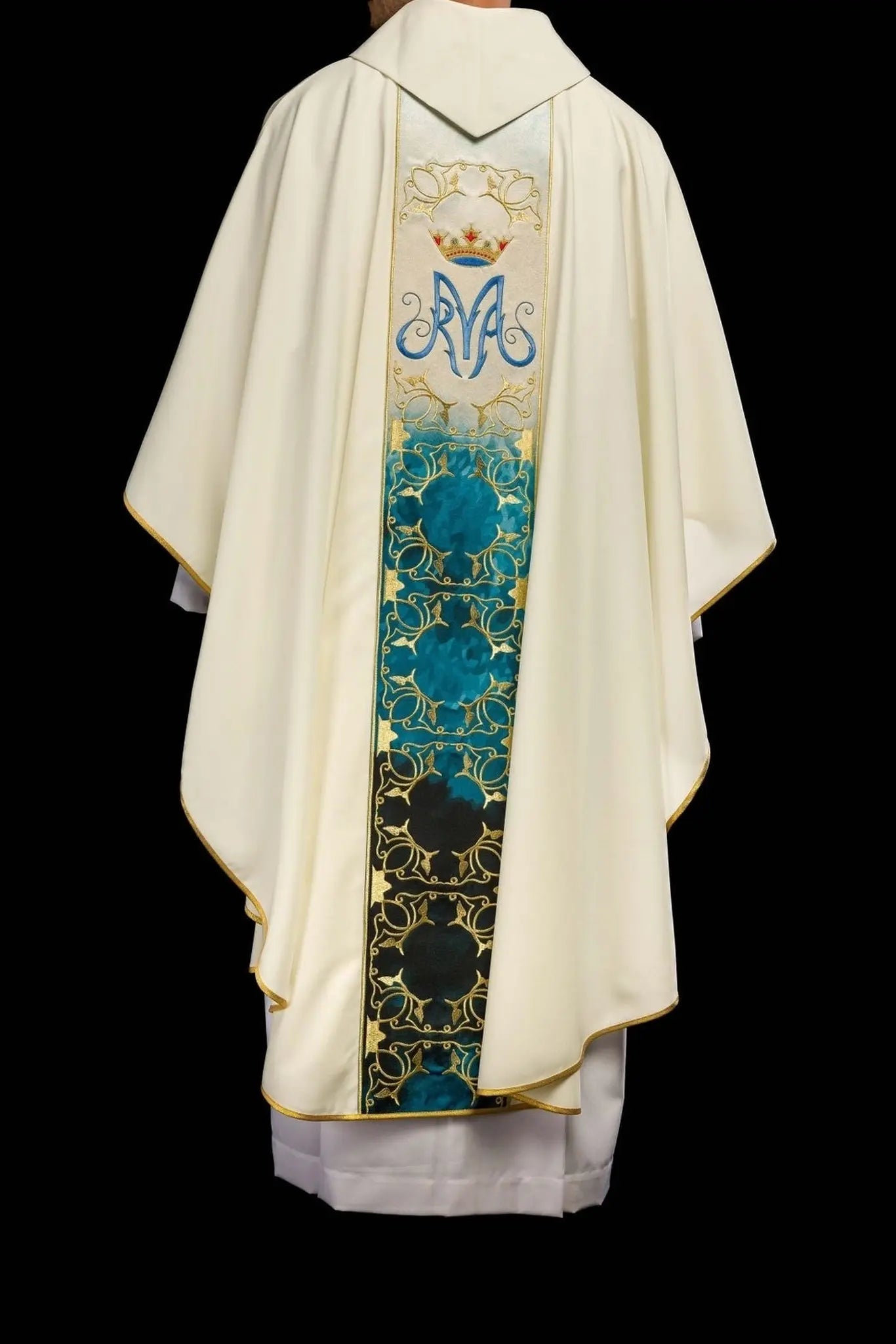 Marian liturgical chasuble with embroidered and sublimated belt in ecru