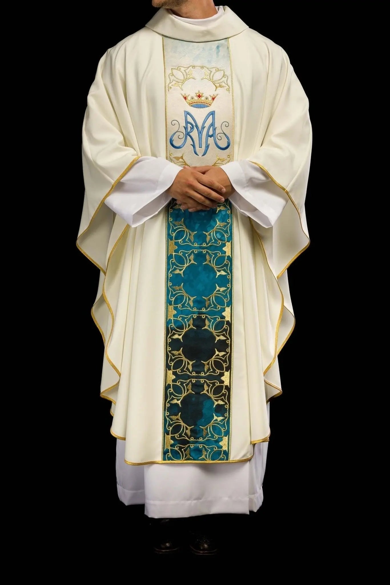 Marian liturgical chasuble with embroidered and sublimated belt in ecru