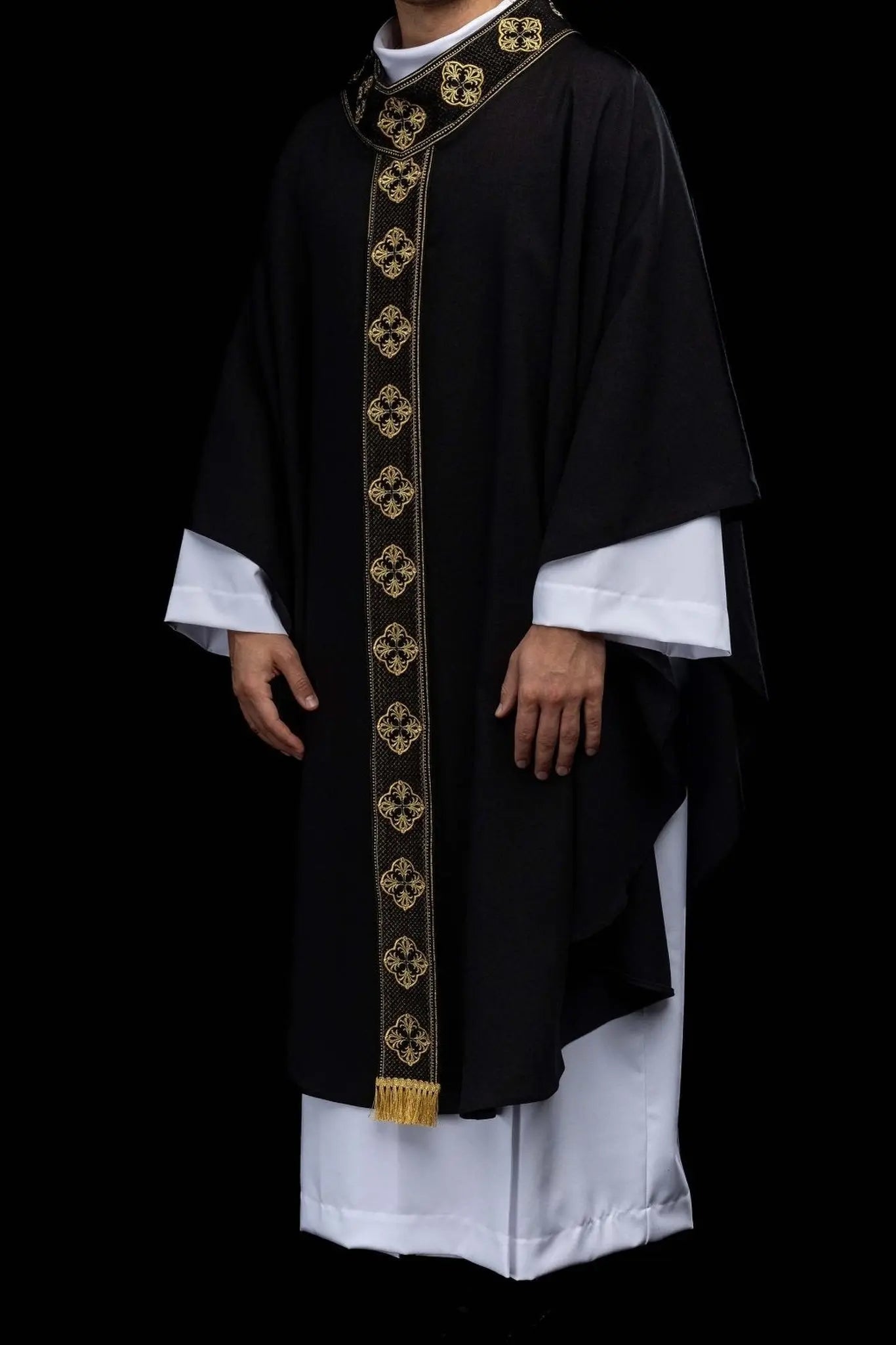 Black chasuble with embroidered band and collar with crosses