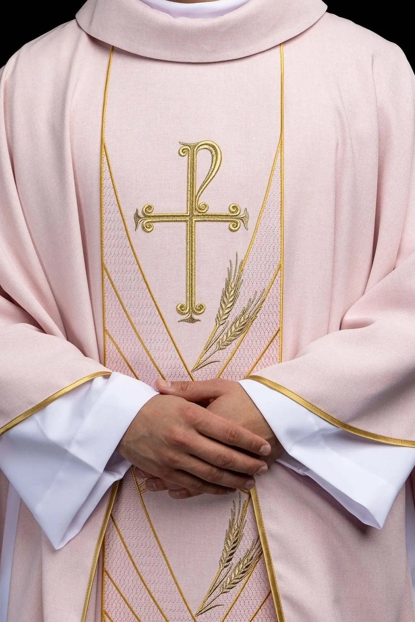 Rose chasuble with embroidered Pax band and wheat sheaves motif