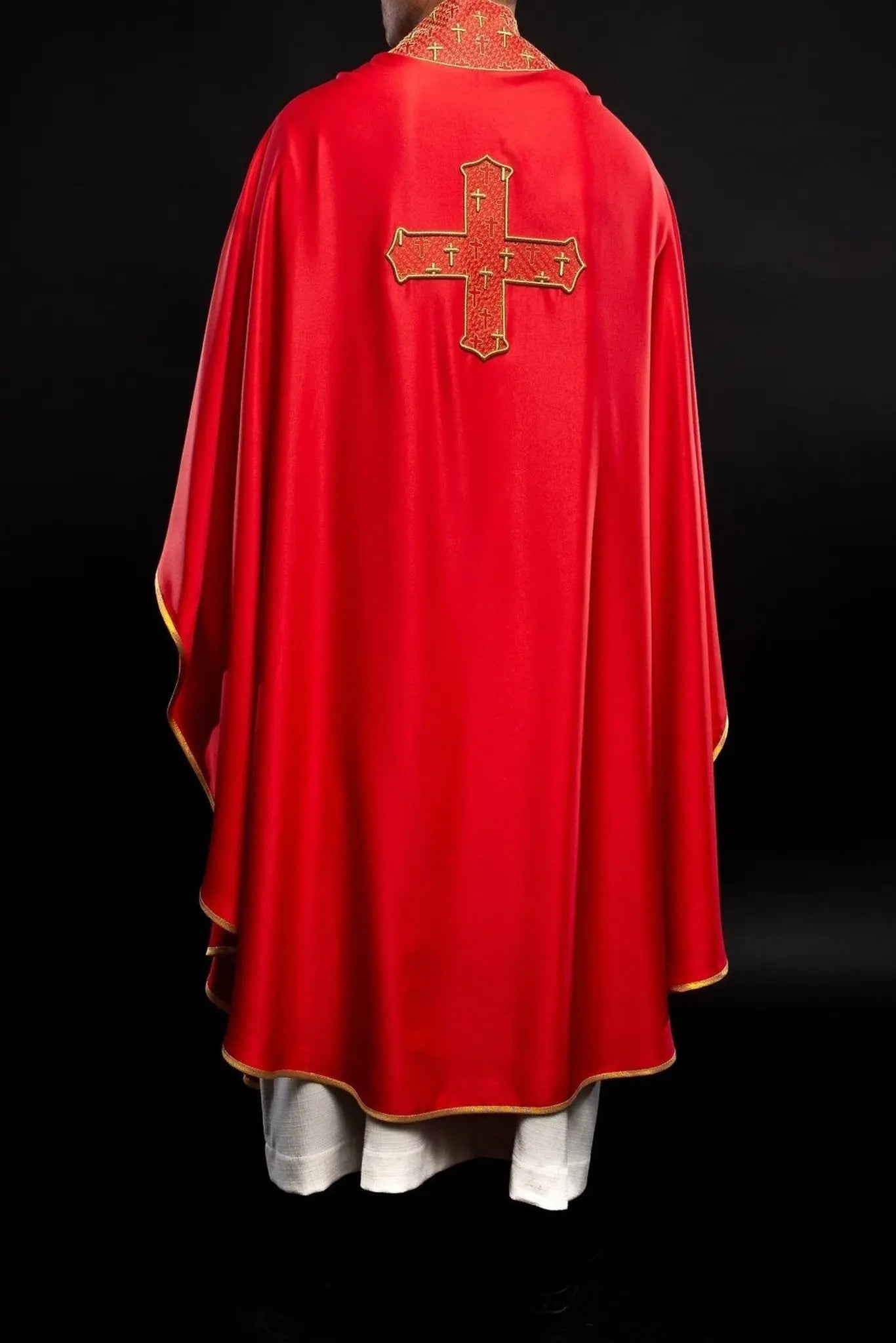 Chasuble with richly embroidered cross and collar in red