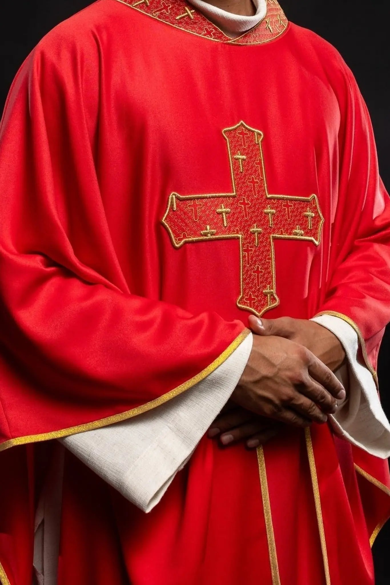 Chasuble with richly embroidered cross and collar in red