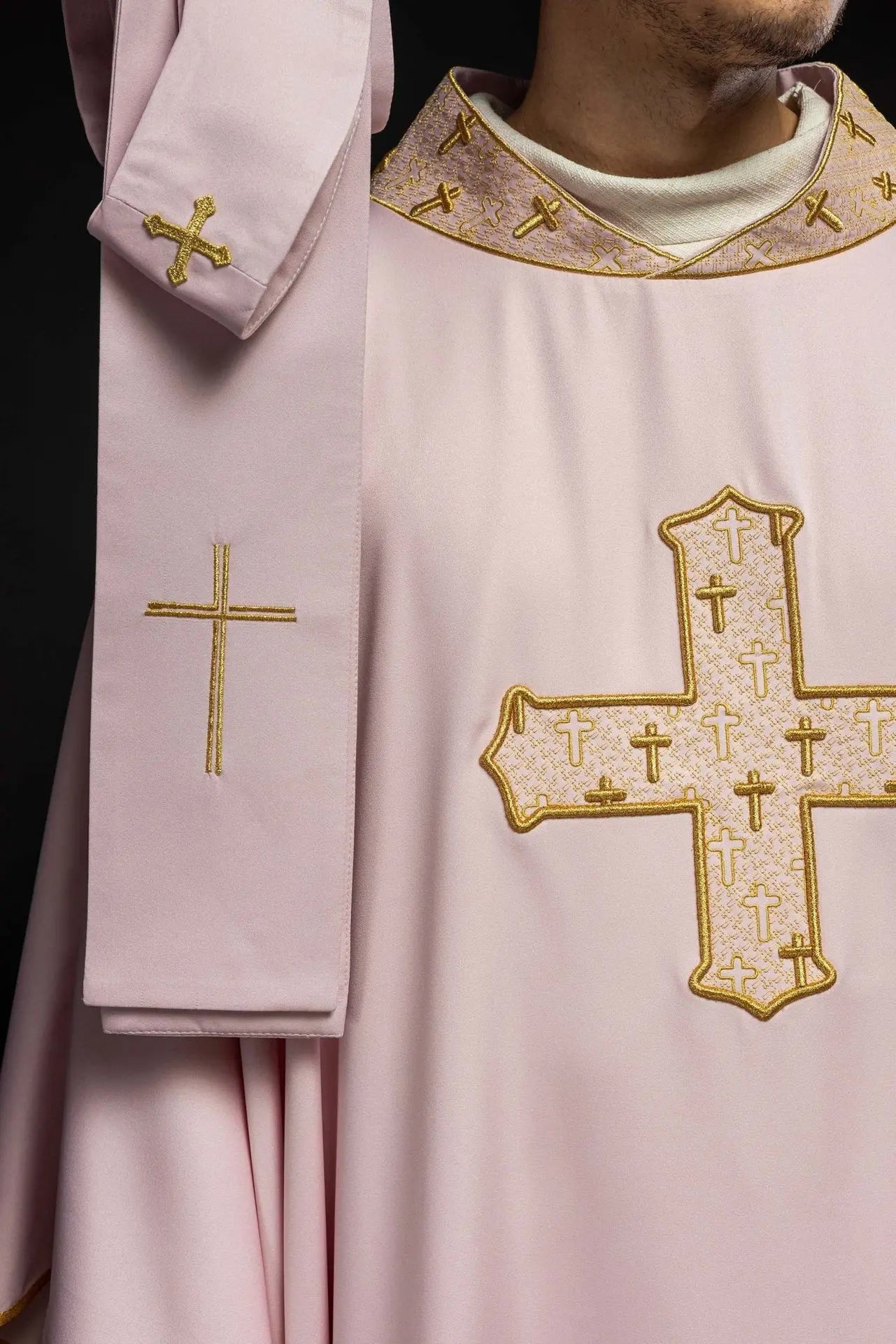 Pink Chasuble with Richly Embroidered Cross and Decorative Collar