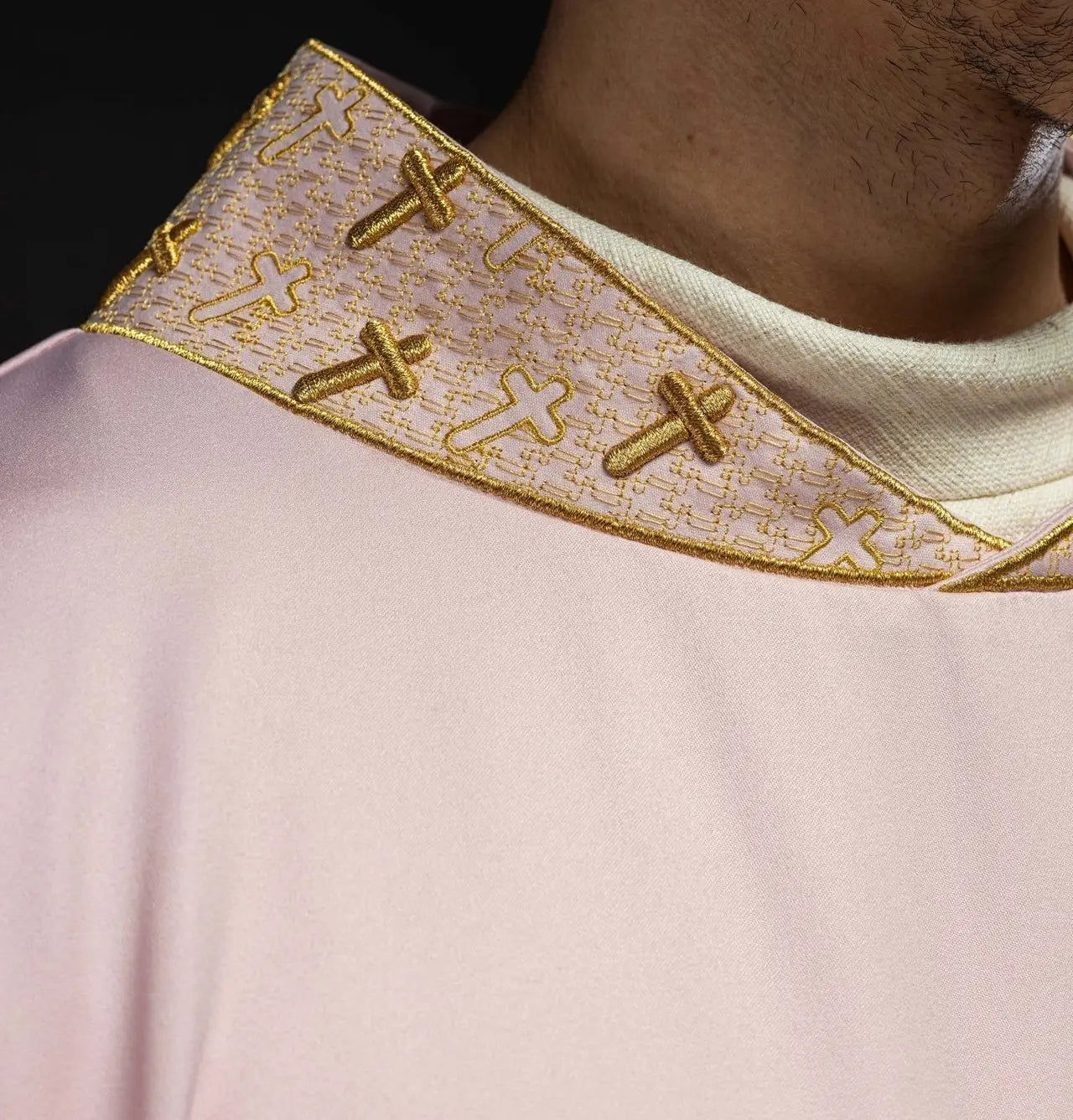 Pink Chasuble with Richly Embroidered Cross and Decorative Collar