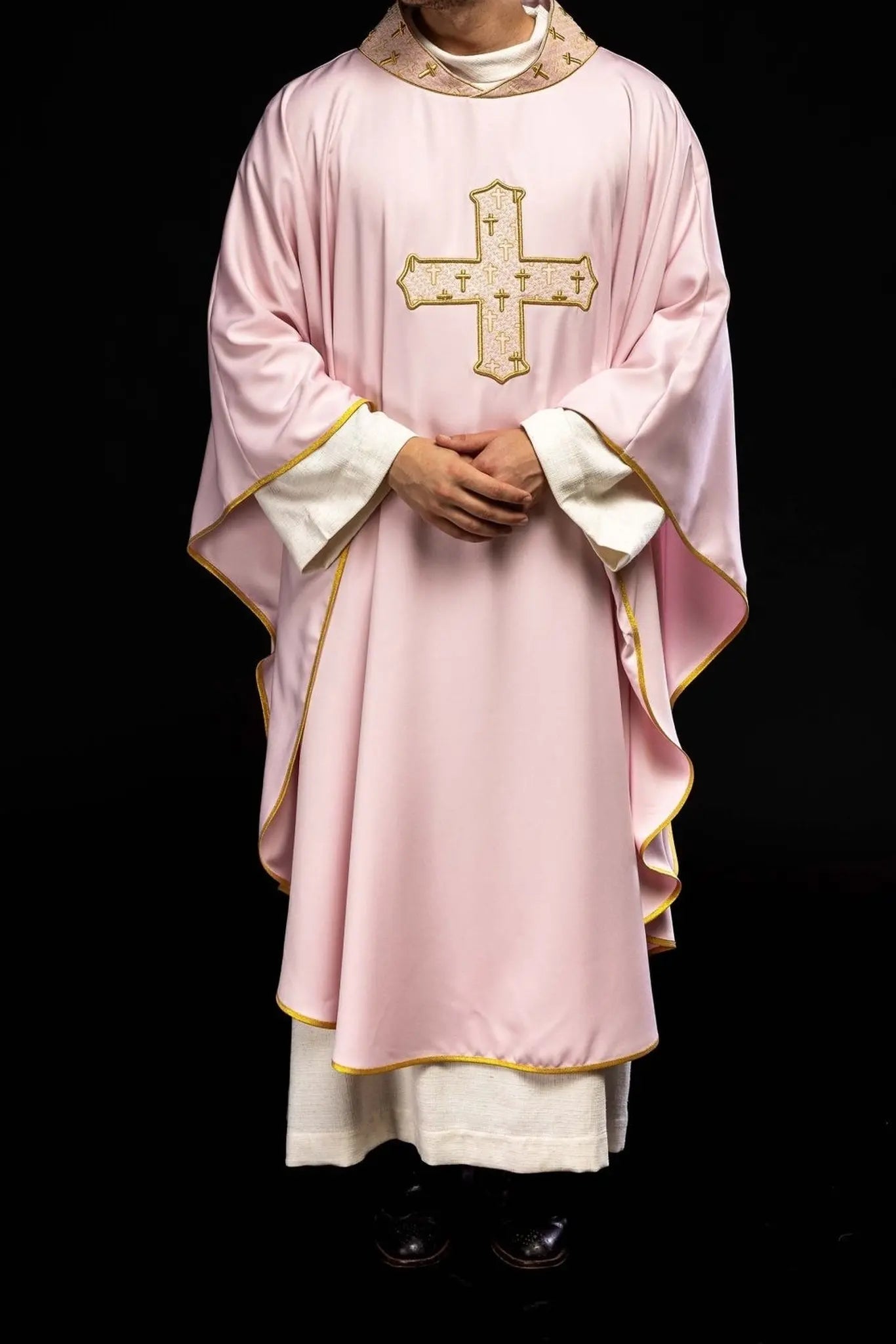 Pink Chasuble with Richly Embroidered Cross and Decorative Collar