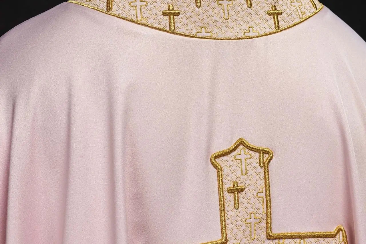 Pink Chasuble with Richly Embroidered Cross and Decorative Collar