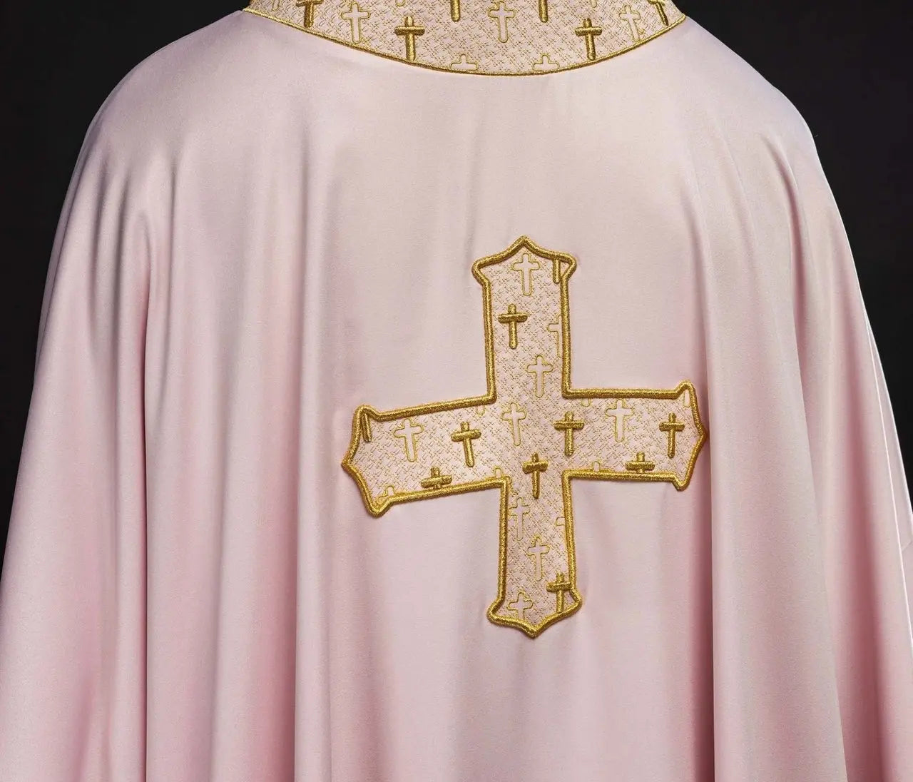 Pink Chasuble with Richly Embroidered Cross and Decorative Collar